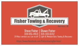 Fisher Towing & Recovery tow service company in Garrison, Iowa offering 24 hour towing near me